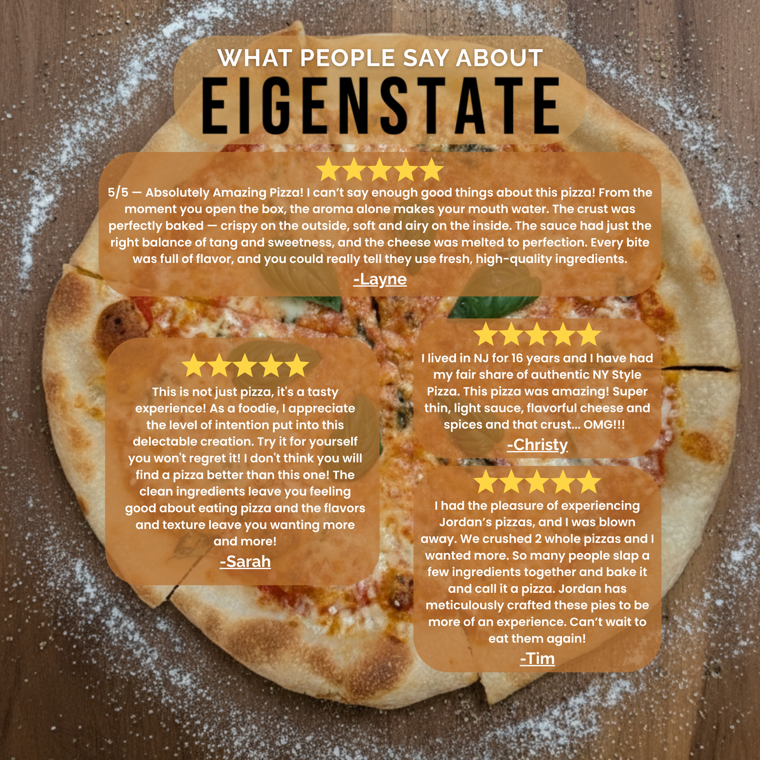 Eigenstate Pizza homepage hero banner displaying multiple 5-star customer reviews and testimonials praising the quality and taste of the pizza, set against a background of a freshly baked margherita pizza.